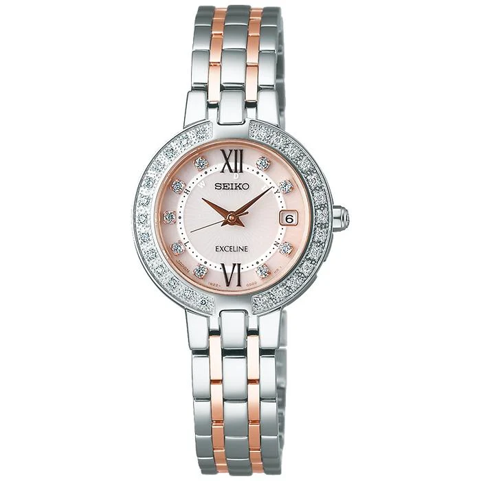 Reloj solar radiocontrolado Seiko Dolce & Exceline para mujer SWCW085 con esfera rosa y diamantes