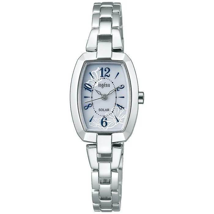 Reloj solar Alba Angeine AHJD424 para mujer, estilo accesorio, con esfera blanca y correa de metal plateada.