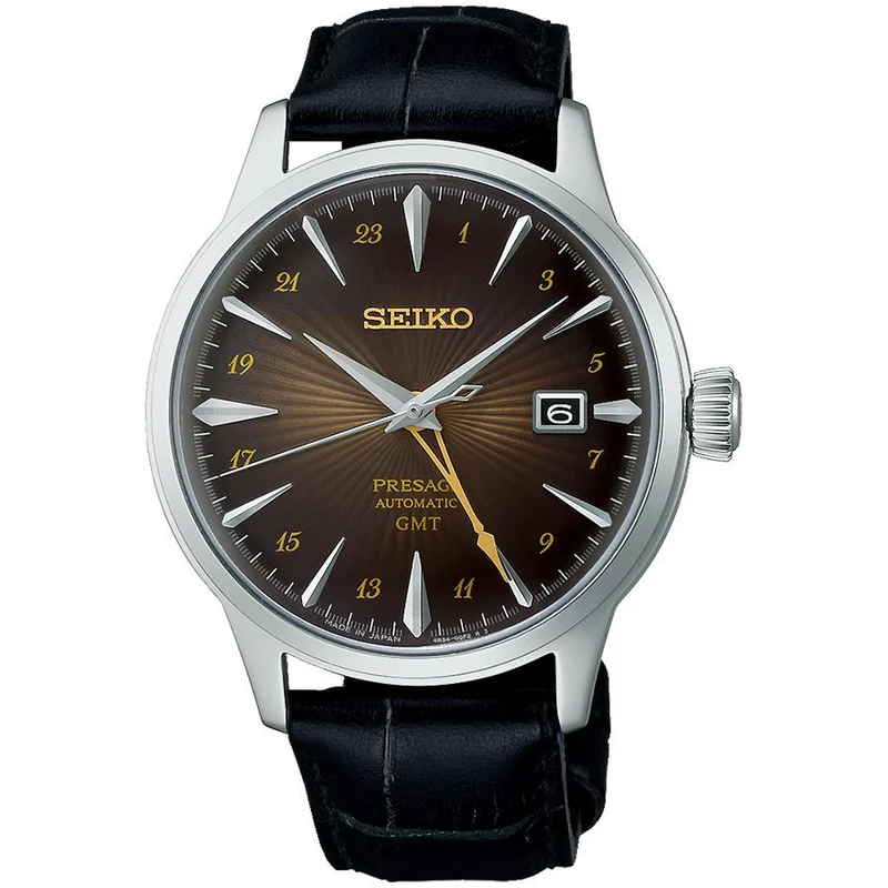 Reloj mecánico automático Seiko Presage Cocktail Time GMT Rusty Nail SARY243 para hombre con correa de piel marrón oscuro