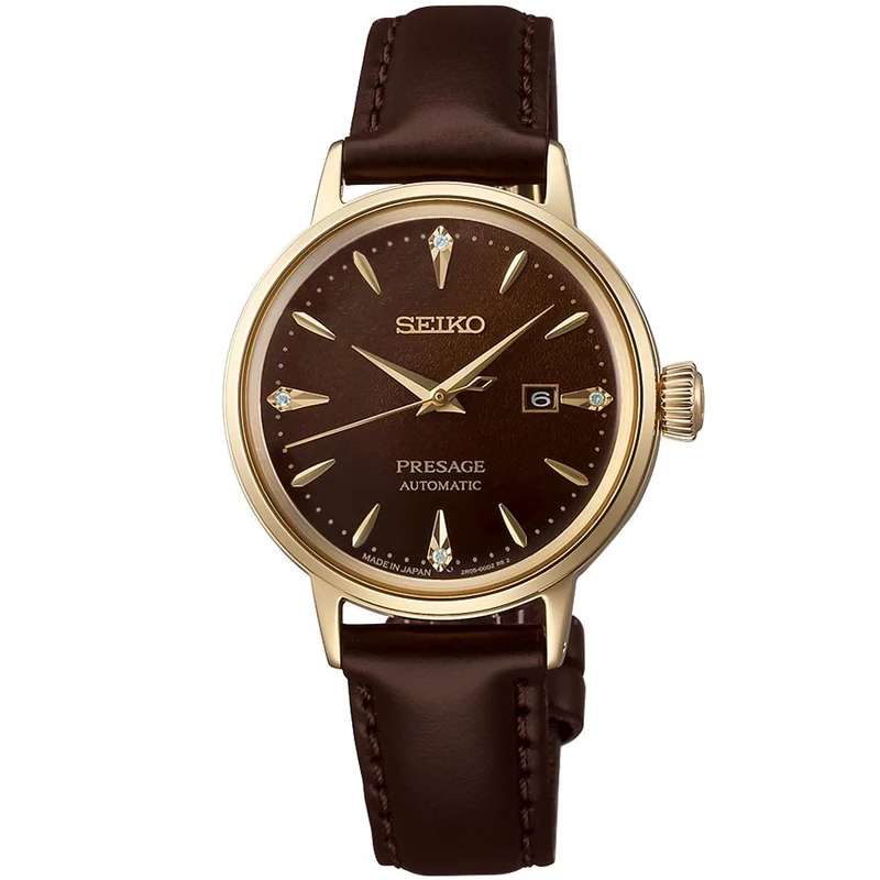 Reloj mecánico automático para mujer Seiko Presage Cocktail Time Jamaican Coffee SRRW008 con correa de piel marrón
