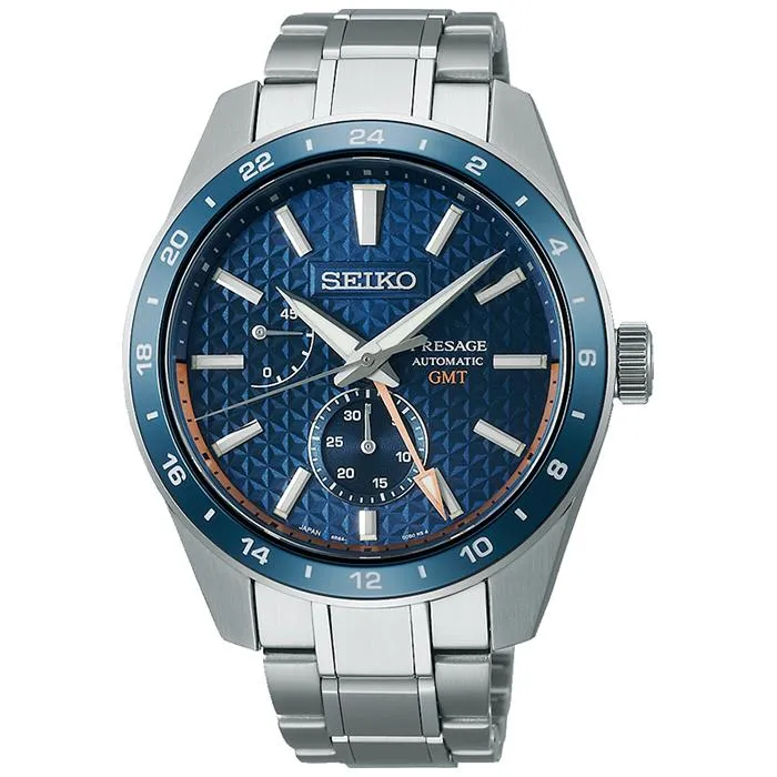 Reloj mecánico Seiko Presage Sharp Edged Series GMT SARF001 para hombre con esfera con diseño de hojas de cáñamo, azul, modelo exclusivo