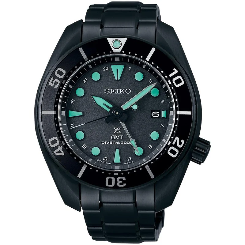 Reloj de buceo Seiko Prospex Sumo Black Series Night Vision SBPK007 con GMT solar para hombre