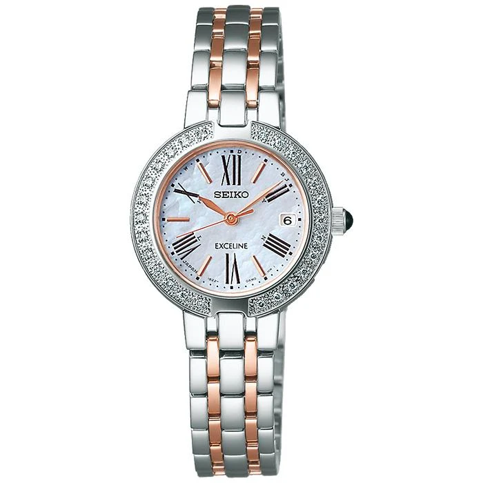 Reloj Seiko Dolce & Exceline para mujer, radiocontrolado y con energía solar SWCW008, con caja engastada con diamantes y esfera de nácar.