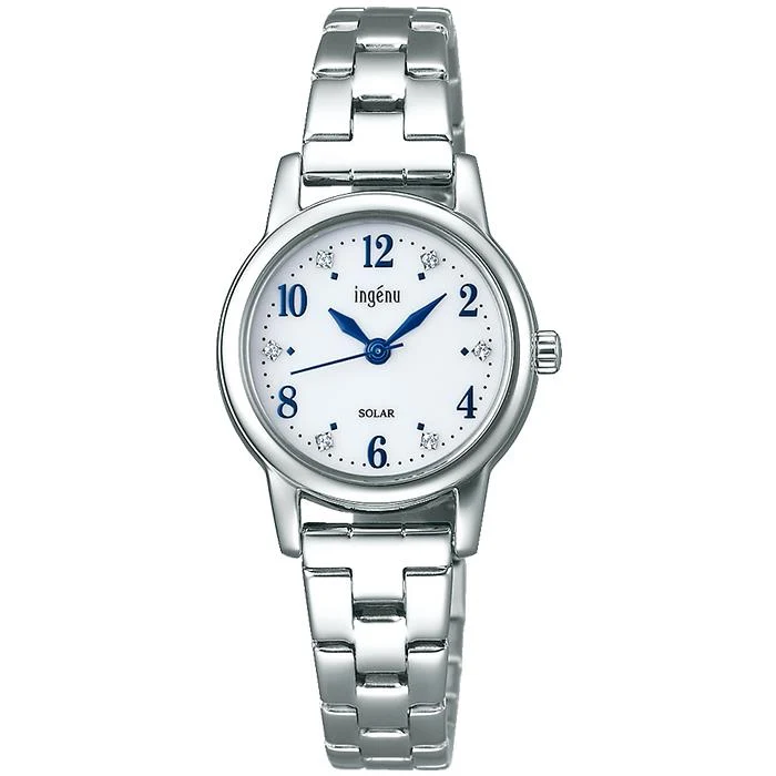 Reloj Alba Angenie Solar AHJD405 para mujer con cristal, esfera blanca y correa de metal.