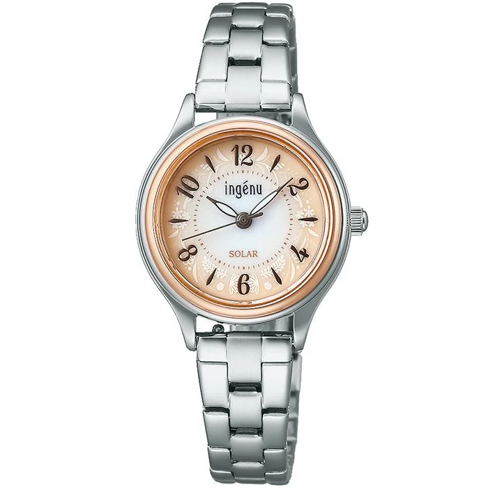 Reloj solar Alba Angeine "Vida con Flores" AHJD434 para mujer con esfera beige degradada y correa metálica (incluye correas intercambiables)