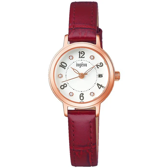Reloj de cuarzo Alba Angeine AHJK446 para mujer, a pilas, con cristal, esfera blanca, correa de piel roja, calendario y fecha.