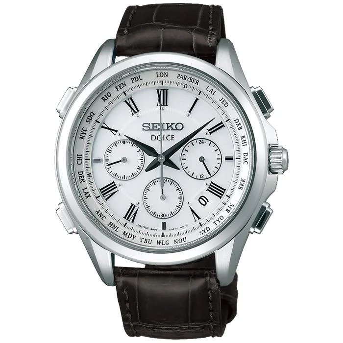 Reloj cronógrafo solar radiocontrolado Seiko Dolce & Exceline Pair SADA039 para hombre con correa de piel de cocodrilo blanca