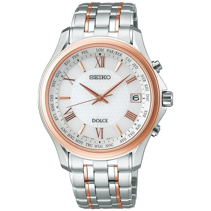 Reloj Seiko Dolce & Exceline Pair Solar Radiocontrolado SADZ202 para hombre, blanco/oro rosa