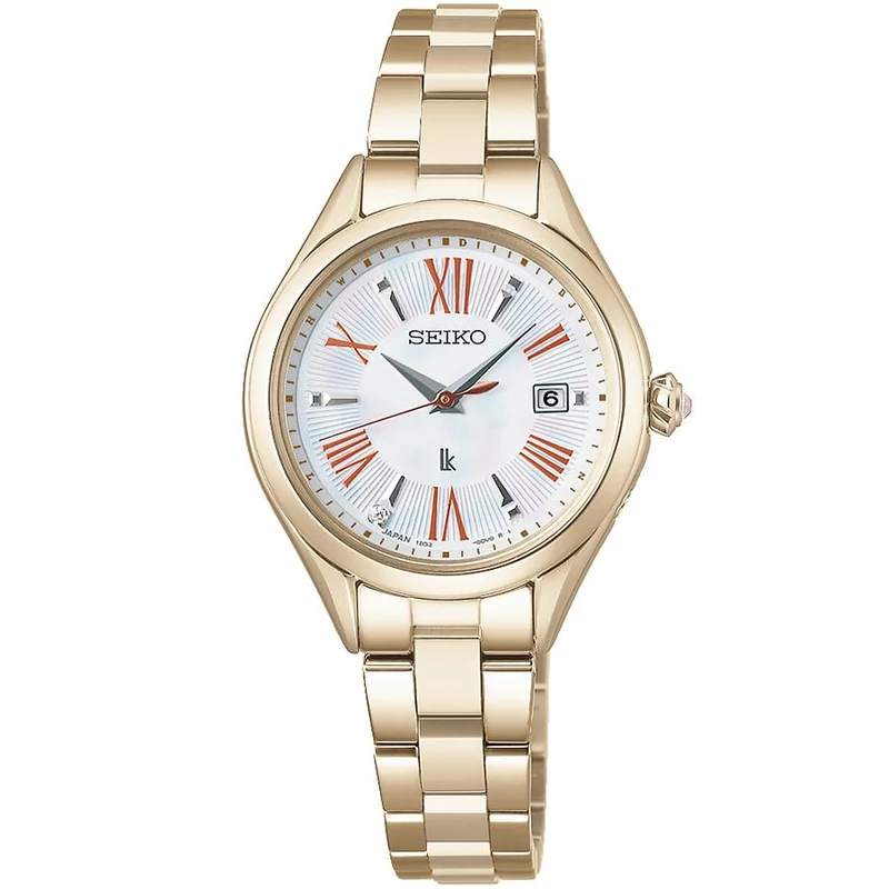 Reloj para mujer Seiko LUKIA Grow Osmanthus SSQW098, radiocontrol solar, titanio, esfera de nácar, Lady Gold