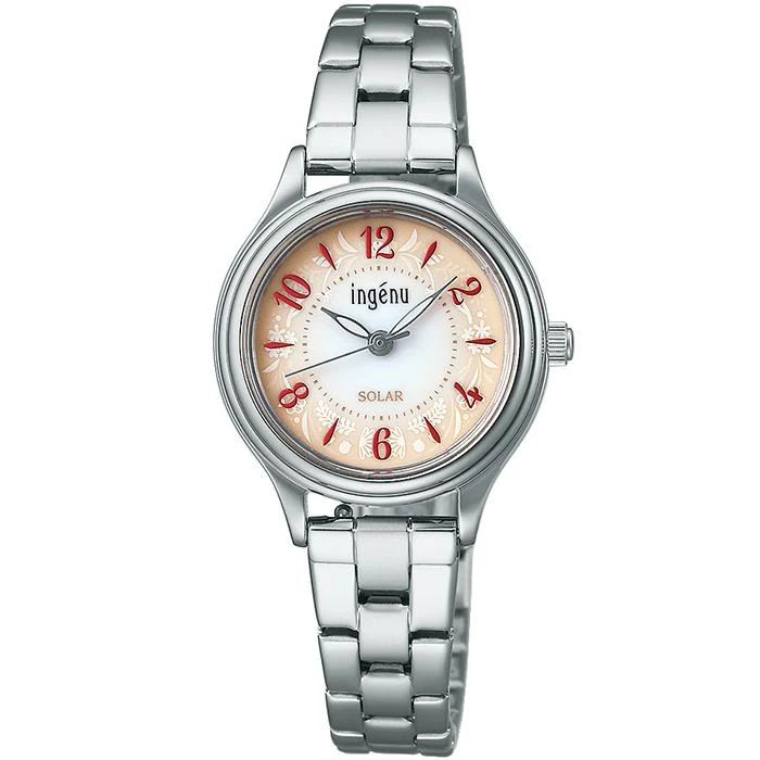 Reloj solar Alba Angeine "Life with Flowers" SEIKO AHJD435 para mujer con esfera roja degradada y correa de metal.
