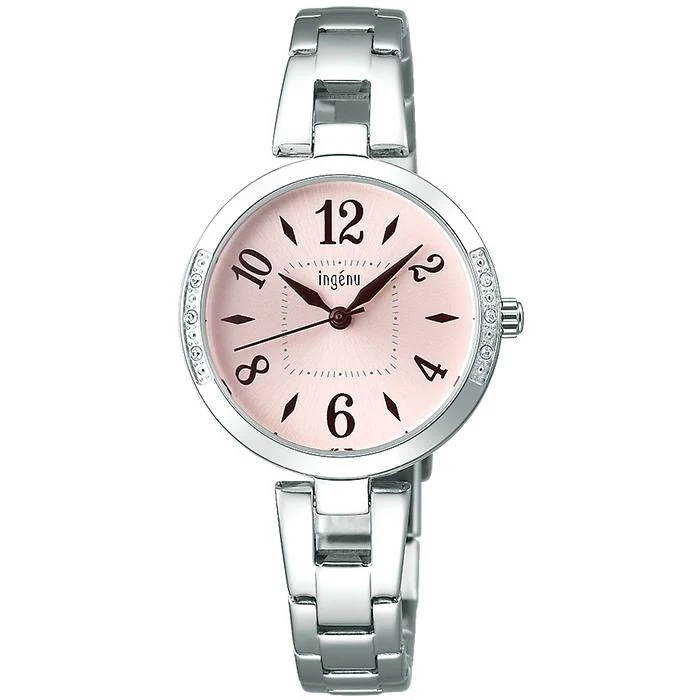 Reloj de cuarzo Alba Angeine AHJK449 para mujer, a pilas, con caja de cristal, esfera rosa y correa de metal.