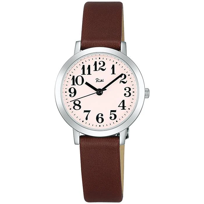 Reloj de cuarzo Alba Riki Standard AKQK409 para mujer, a pilas, esfera rosa, correa de piel marrón