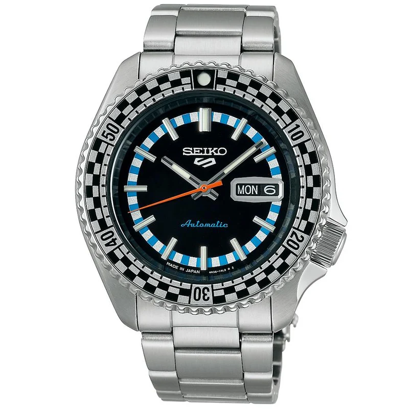 Reloj automático retro JDM para hombre SEIKO 5 Sports SBSA245 con bandera a cuadros, color negro.