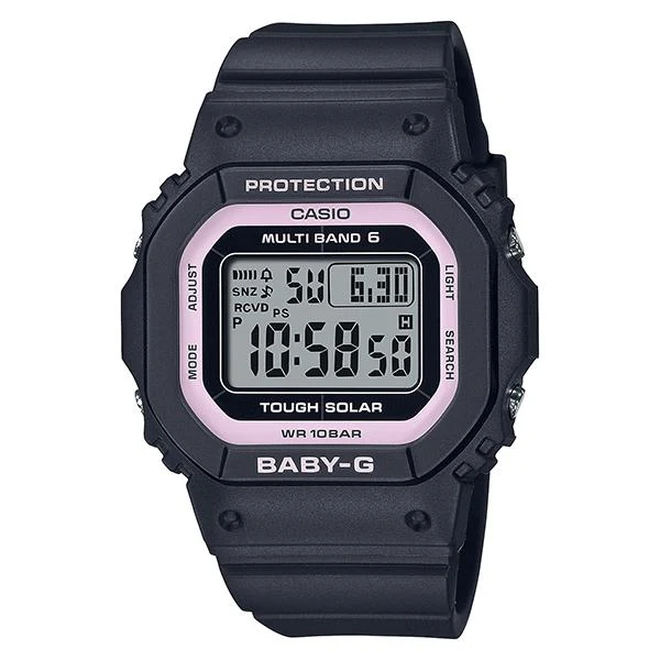 Reloj digital solar radiocontrolado CASIO Baby-G BGD-5650-1BJF para mujer, color negro y rosa