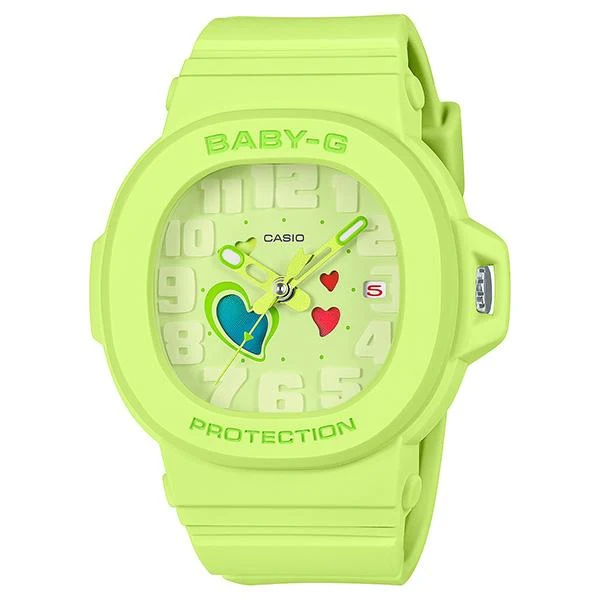 Reloj analógico para mujer CASIO BABY-G BGA-10-3AJF JDM Serie Corazones Divertidos, esfera Swing Heart, color verde lima y amarillo.