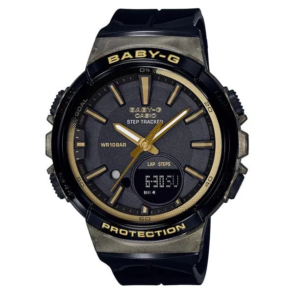 Podómetro BABY-G CASIO STEP TRACKER BGS-100GS-1AJF para mujer, negro y dorado