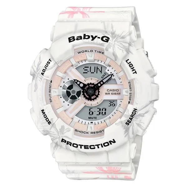 Reloj Casio BA-110CF-7AJF BABY-G para mujer, color blanco, con estampado de flores de verano