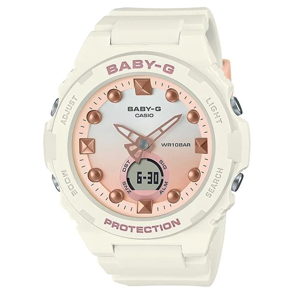 Reloj para mujer BGA-320-7A1JF Baby-G con diseño de escena de playa en blanco arena