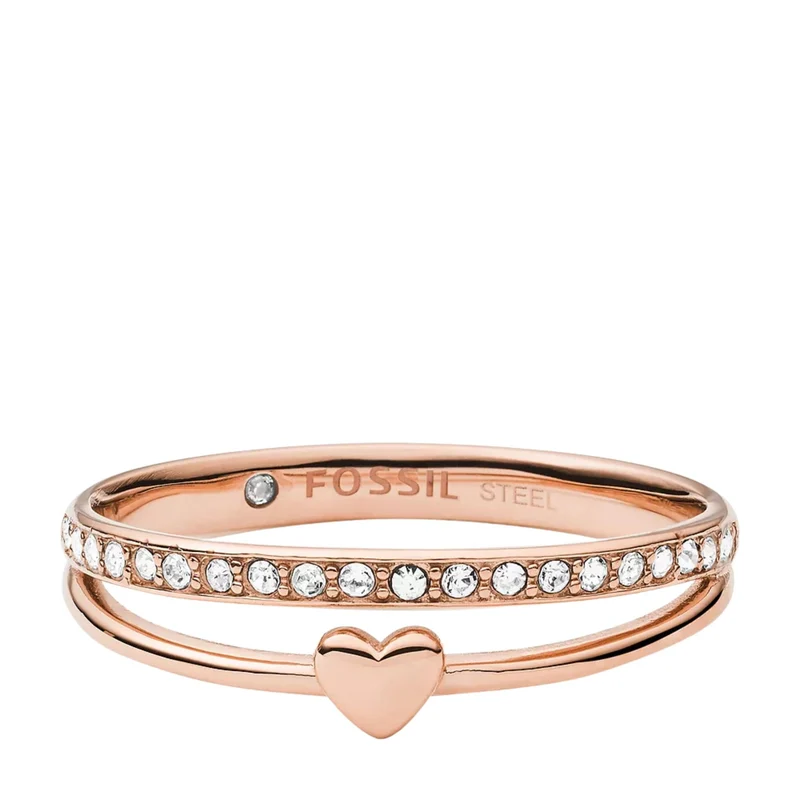 Fossil Sutton Hearts To You Rose Gold-Tone Stainless Steel Band Women's Ring JF03460791