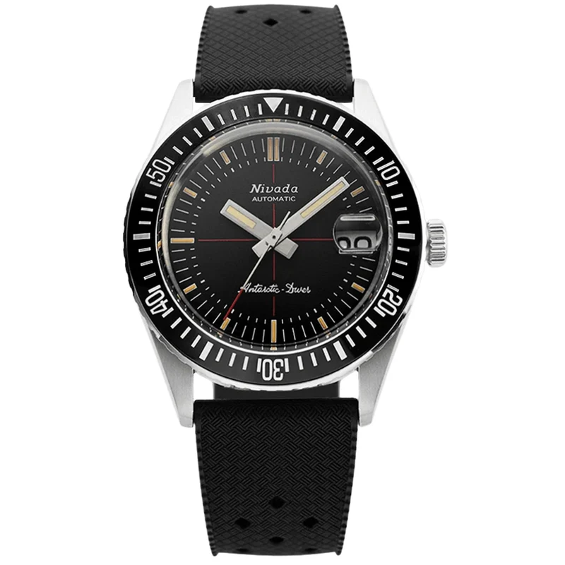 Nivada Grenchen Antarctic Diver 38mm Black Matte Crosshair Dial Rubber Mens Automatic Watch 32038A01
