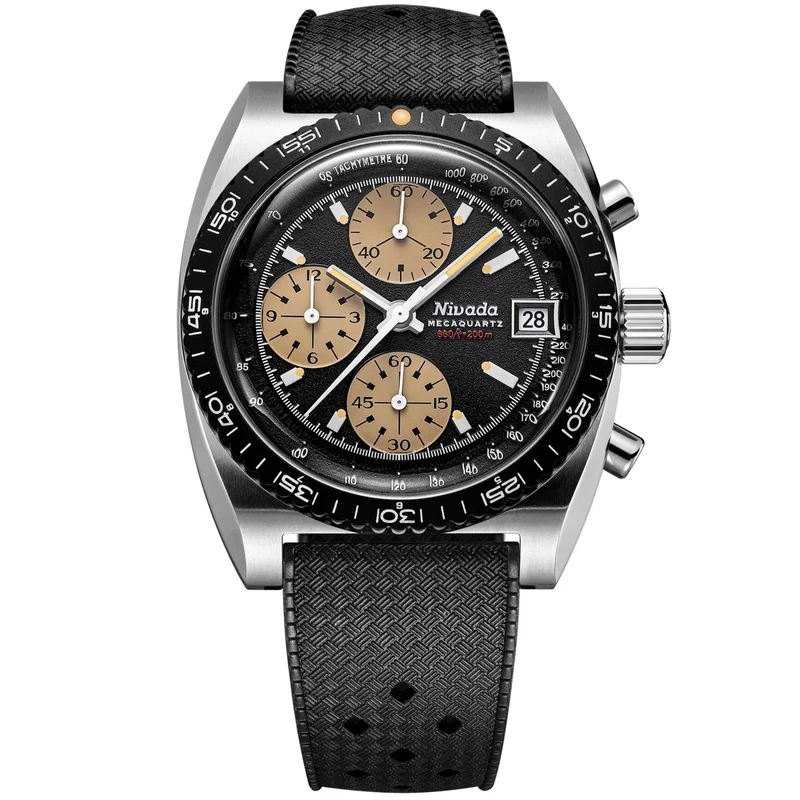 Nivada Grenchen Autochron Mecaquartz 38mm Chronograph Matte Black Rubber Mens Quartz Watch 77001Q01