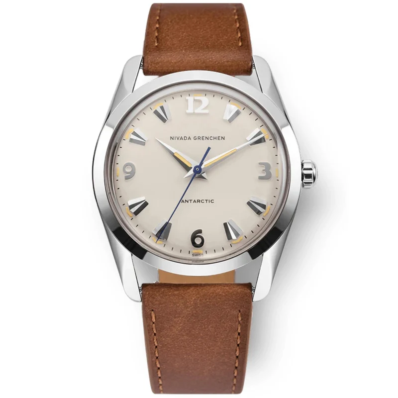 Nivada Grenchen Antarctic 35mm Eggshell Beige Dial Leather Mens Manual-Wind Watch 35001M16