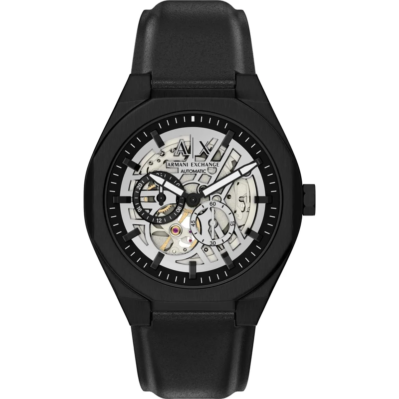 Armani Exchange Sync 44mm Skeleton Silver Dial Leather Mens Quartz Watch AX4297
