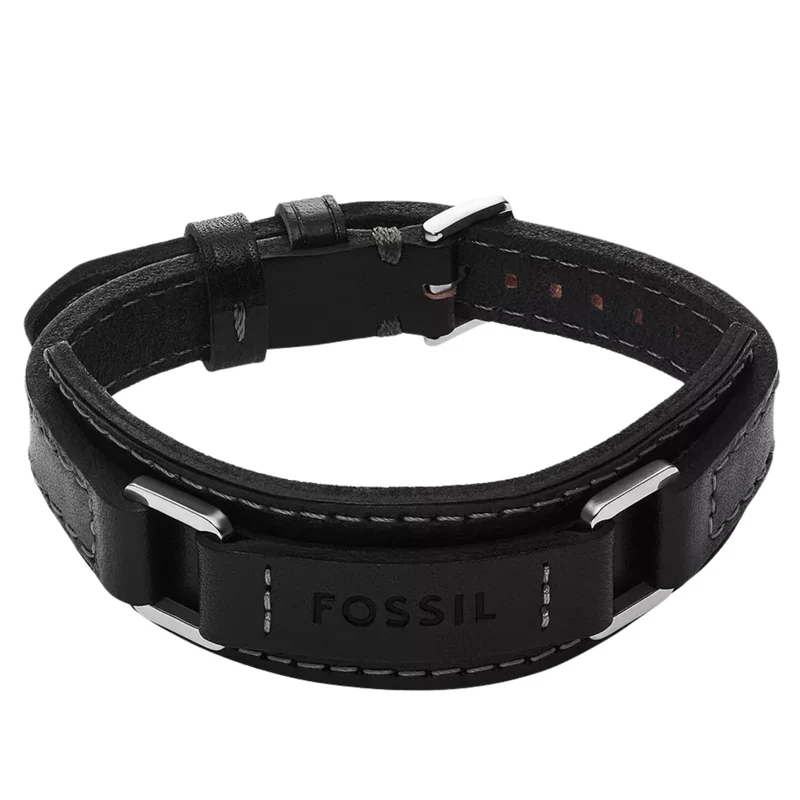Fossil Machine Rugged Stainless Steel and Black Padded Leather Strap Men's Bracelet JF04950040