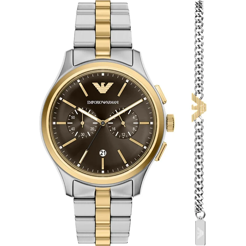 Emporio Armani Dario 42mm Chronograph Brown Dial Steel Mens Quartz Watch AR80084SET