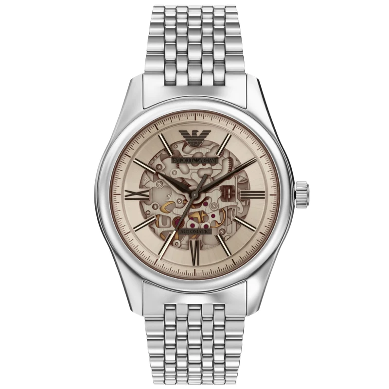 Emporio Armani Antonio 43mm Skeleton Silver Dial Steel Mens Automatic Watch AR60095