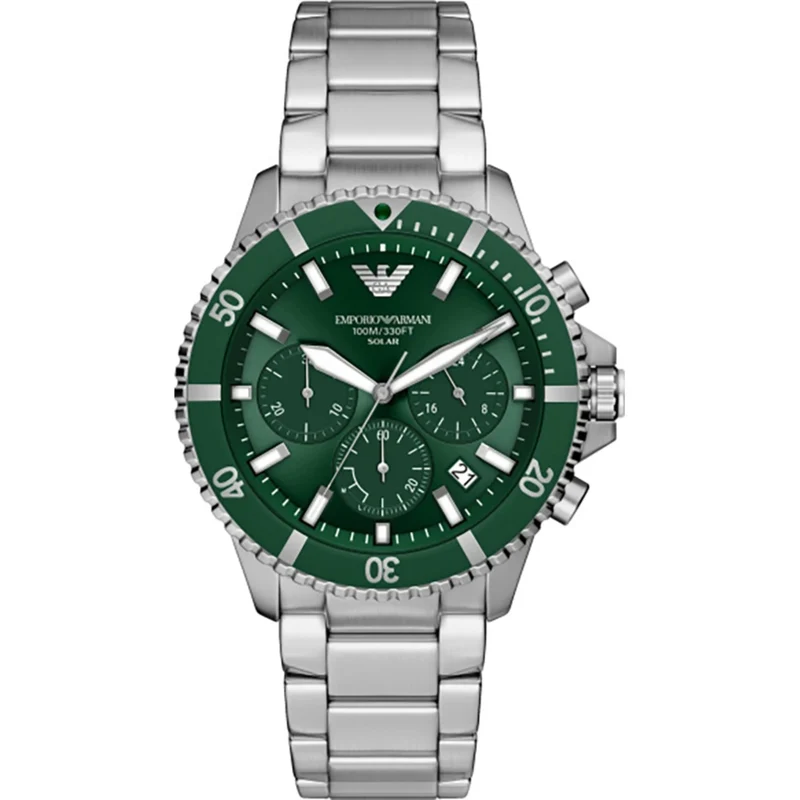 Emporio Armani World Explorer 43mm Chronograph Green Dial Steel Mens Solar Power Watch AR11741
