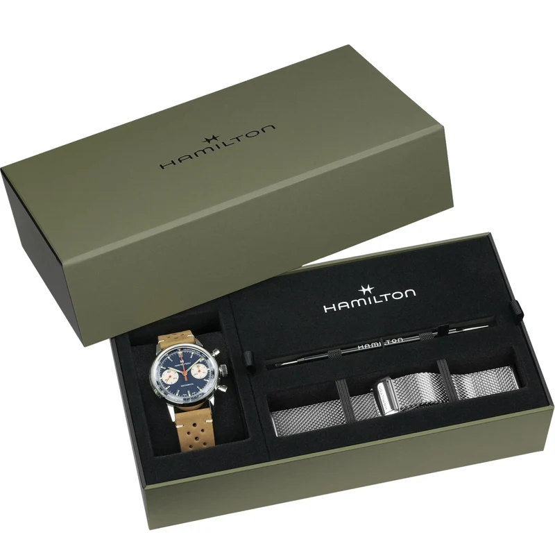 Hamilton American Classic 40mm Chronograph Blue Dial Leather Mens Mechanical Watch H38429541