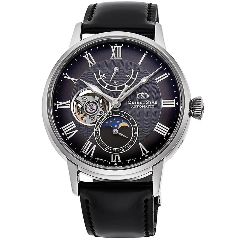 Orient Star Moon Phase 41mm Semi Skeleton Grey Dial Cordovan Mens Automatic Watch RE-AY0107N00B