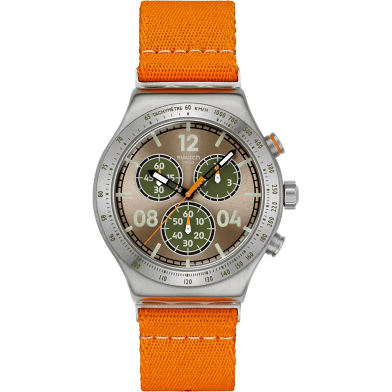 Swatch Irony Vacation Time Brown Dial Textile Strap Watch YVS101