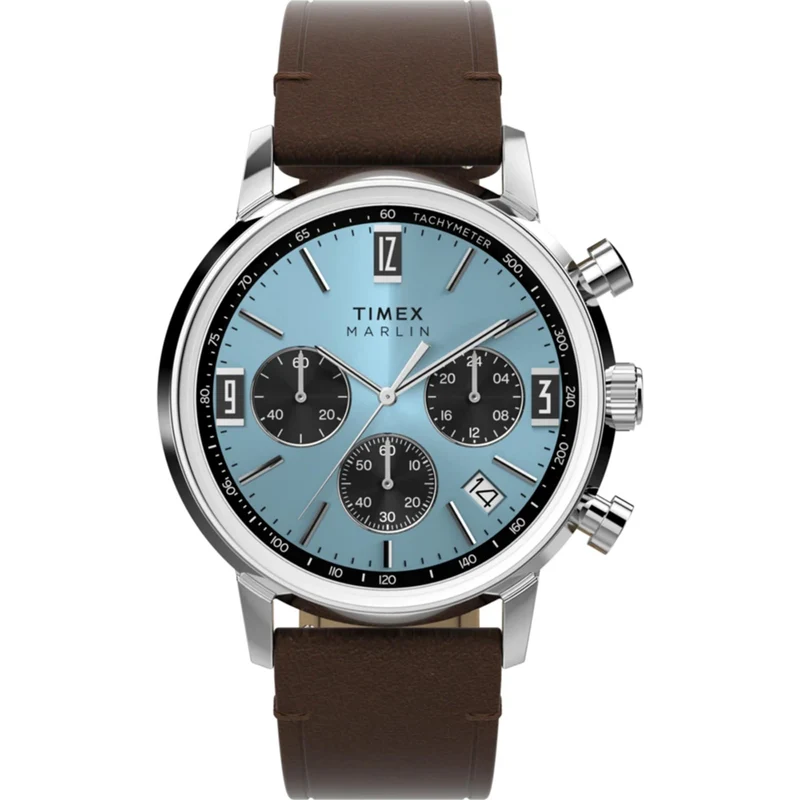 Timex Marlin 40mm Chronograph Tachymeter Blue Dial Leather Mens Quartz Watch TW2Y66600