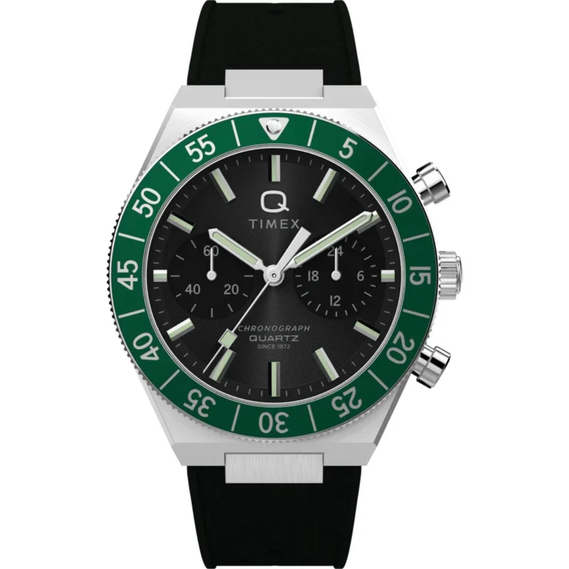Timex Q 40mm Chronograph Black Dial Rubber Mens Quartz Watch TW2Y56100