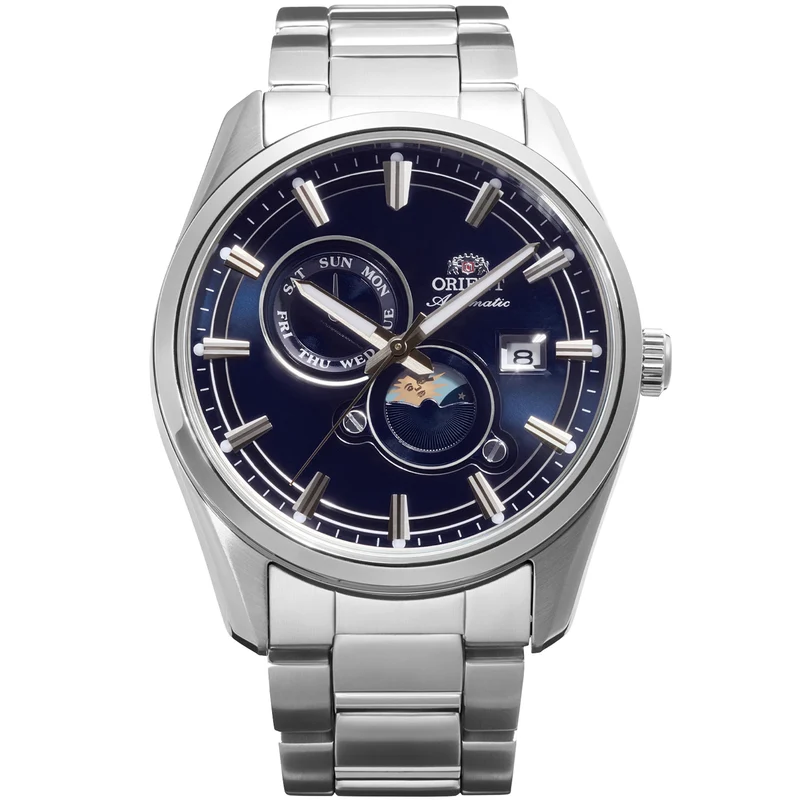 Orient Stretto 41.5mm Sun & Moon Blue Dial Steel Mens Automatic Watch RA-AK0315L30B