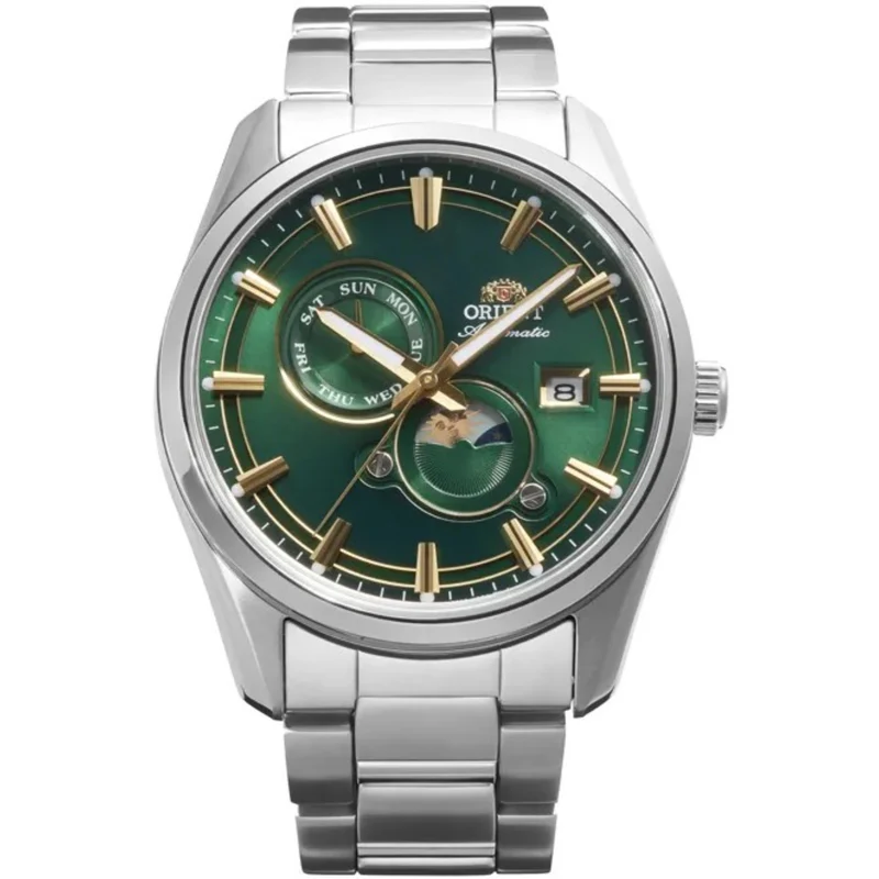 Orient Stretto 41.5mm Sun & Moon Green Dial Steel Mens Automatic Watch RA-AK0314E30B
