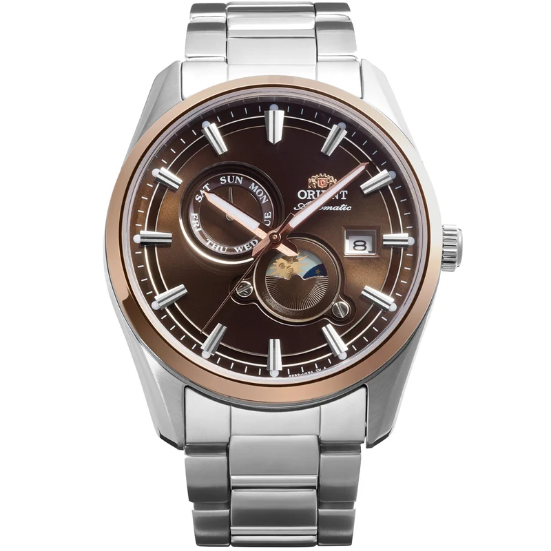 Orient Stretto 41.5mm Sun & Moon Brown Dial Steel Mens Automatic Watch RA-AK0313Y30B