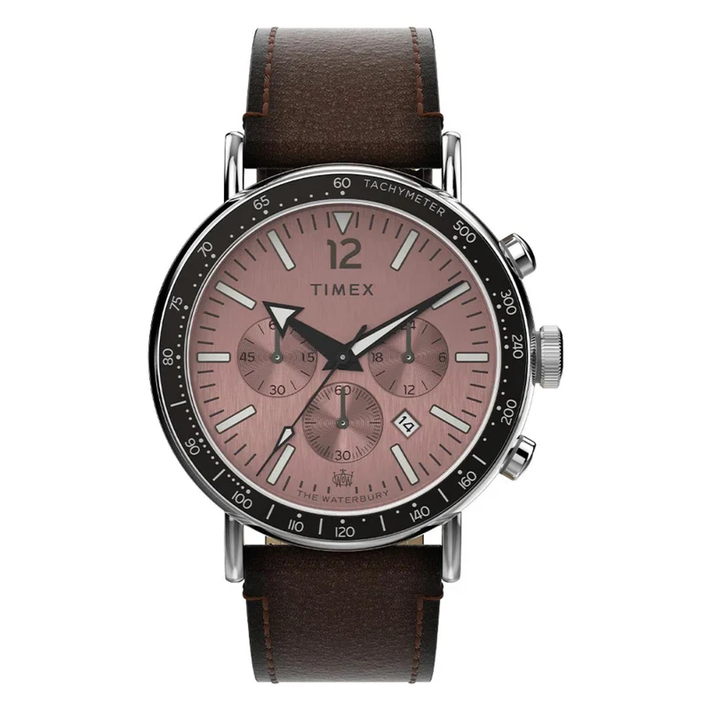 Timex Waterbury 43mm Chronograph Brown Dial Leather Mens Quartz Watch TW2W47300