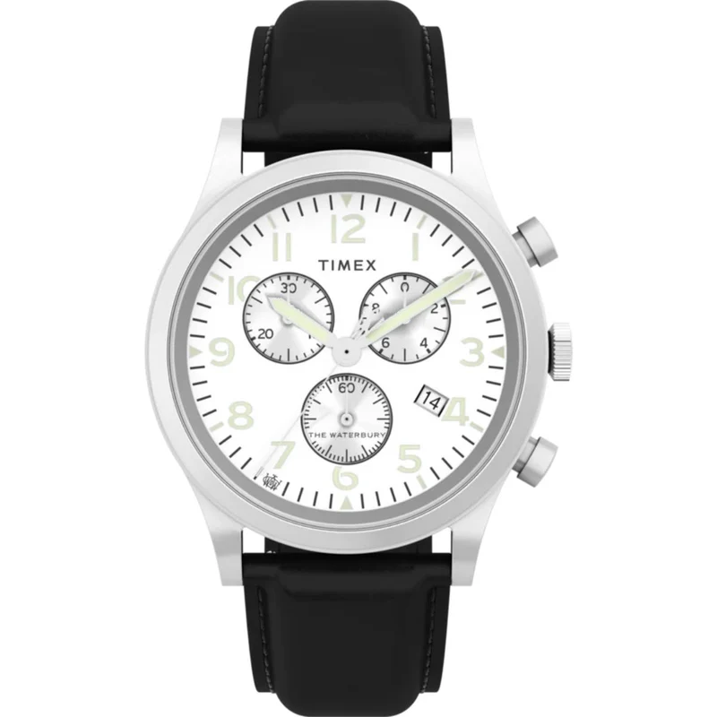 Timex Waterbury 42mm Chronograph Silver-Tone Dial Leather Mens Quartz Watch TW2W48100