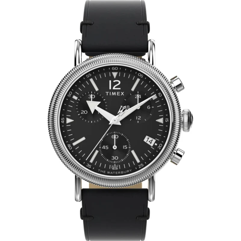 Timex Waterbury 40mm Chronograph Black Dial Leather Mens Quartz Watch TW2W20600