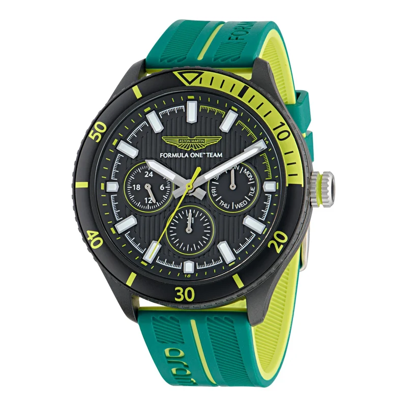 Aston Martin Aramco Formula One Team Quartz Chronograph Black Dial Podium Green and Yellow Silicone Strap Men's Watch MTFP1F501