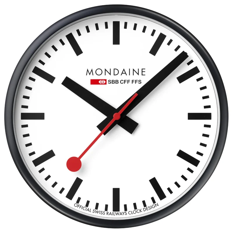 Mondaine 25cm White Face Black Aluminium Case Quartz Wall Clock A990.CLOCK.12SBB