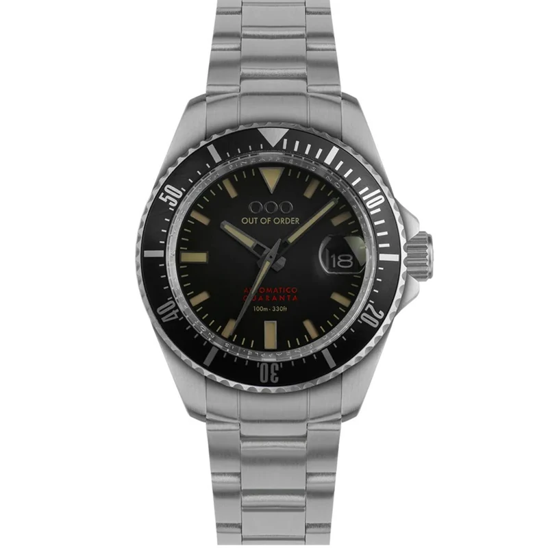 Out Of Order Automatico Quaranta Ultra Brushed Black Dial Steel Strap Men's Watch OOO.001-21.NE.SS