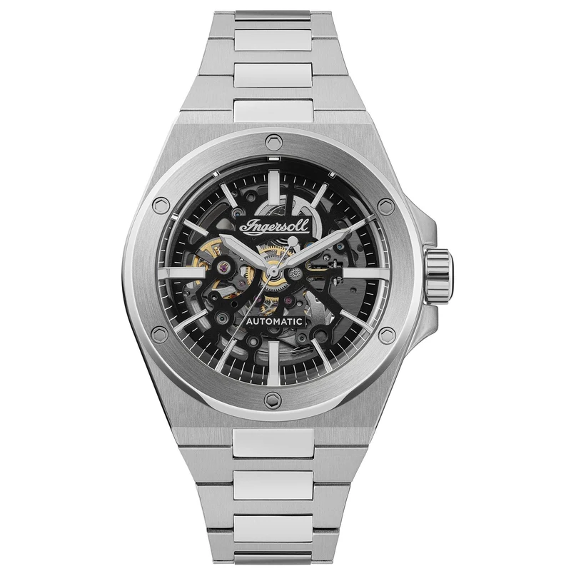 Ingersoll 1892 The Baller Automatic Men's Watch with Black Skeleton Dial and Silver Stainless Steel Bracelet - I15002