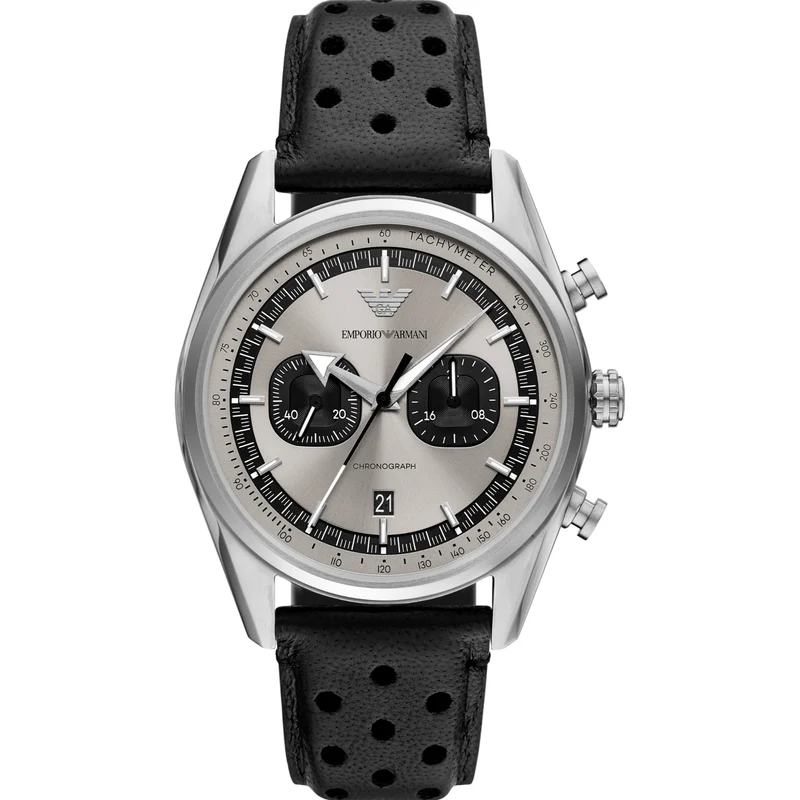 Emporio Armani Gianni T-Bar 42mm Chronograph Grey Dial Leather Mens Quartz Watch AR11677