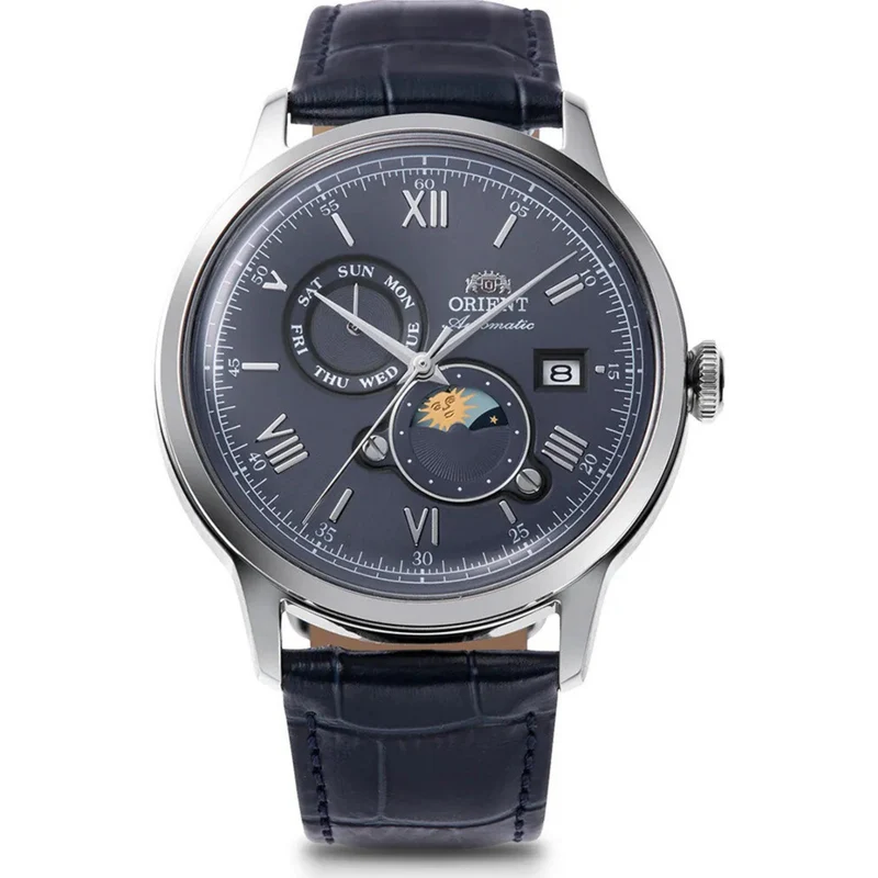 Orient Bambino 41.5mm Sun & Moon Blue Dial Leather Mens Automatic Watch RA-AK0806L30B
