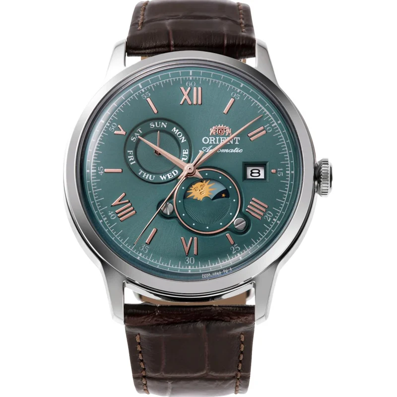 Orient Bambino 41.5mm Sun & Moon Green Dial Leather Mens Automatic Watch RA-AK0805E30B