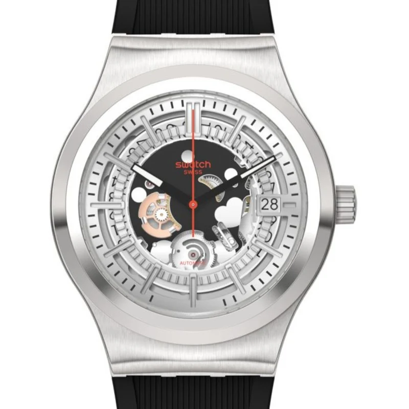 Swatch Irony Sistem51 Sistem Though Again Automatic Silver Skeleton Dial Black Rubber Strap Men’s Watch YIS431